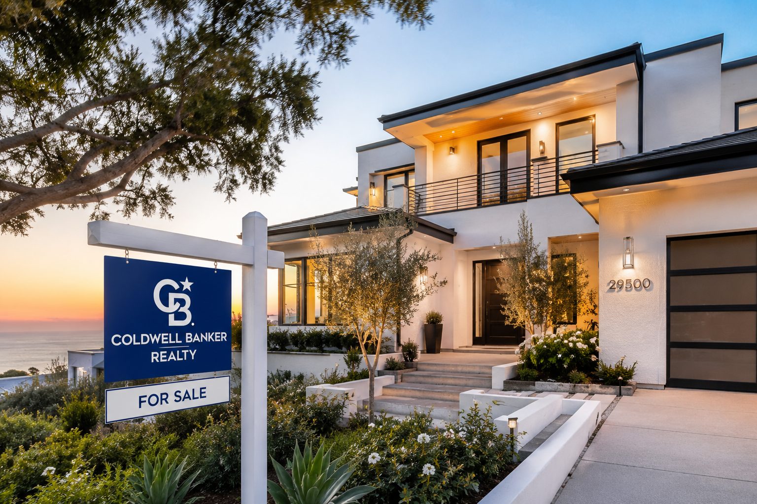 Modern coastal home at sunset